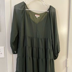 Forest green, midi, tiered dress.